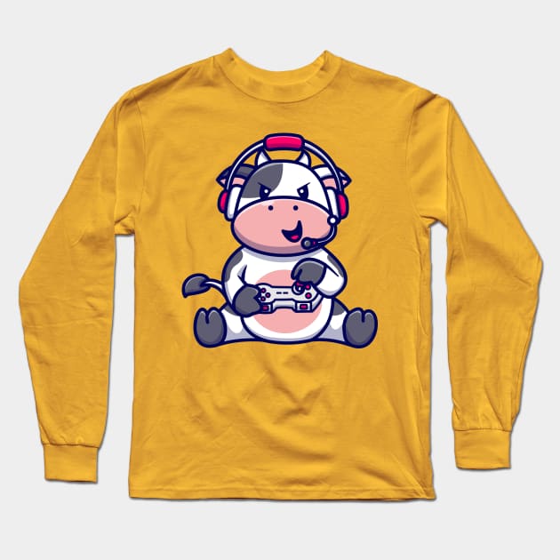 Cute Cow Gaming Cartoon Long Sleeve T-Shirt by Catalyst Labs